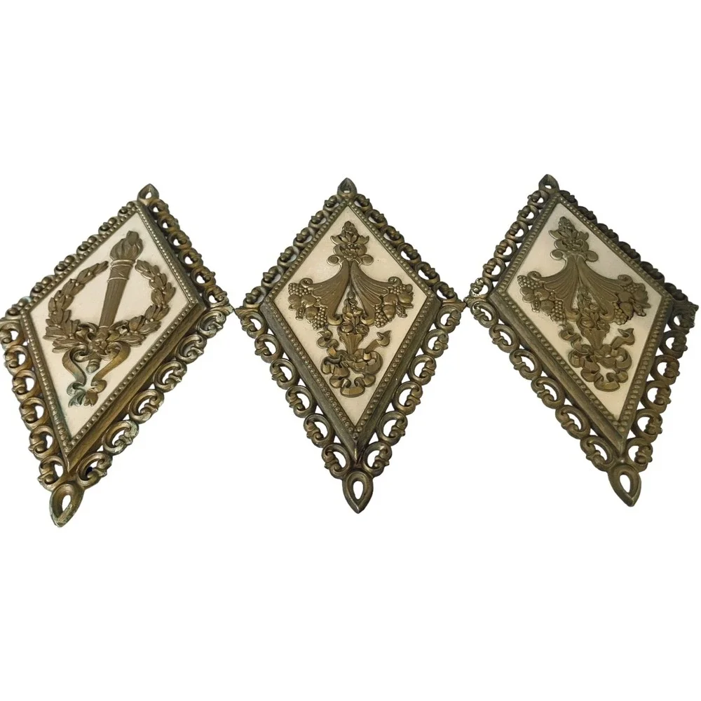 3 Vintage MCM Homco Syroco Gold Diamond Shape Wall‎ Decor Plaques USA READ DESC